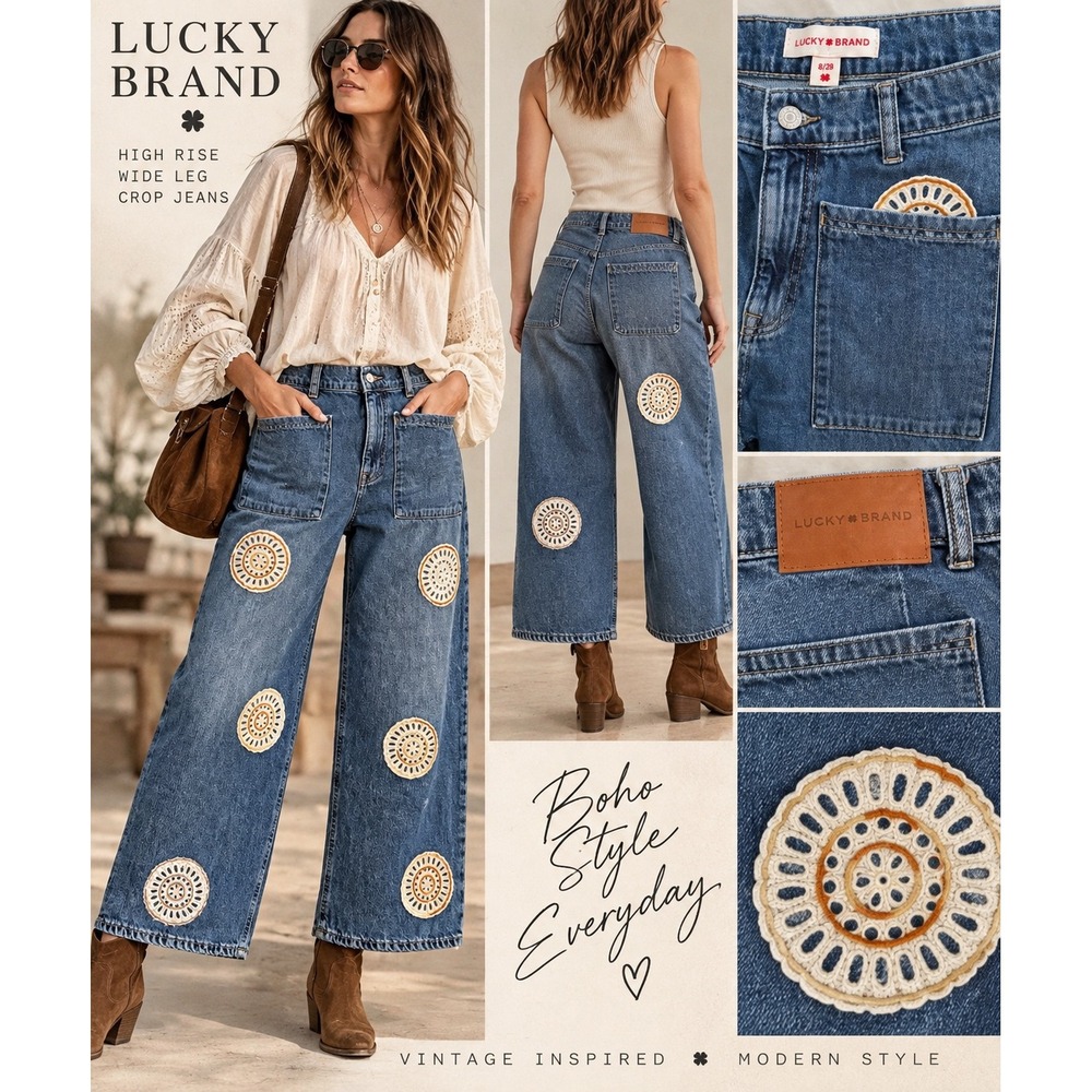 Lucky Brand High Rise Wide Leg Crop Jeans Blue Denim Crochet Patch Boho 8/29